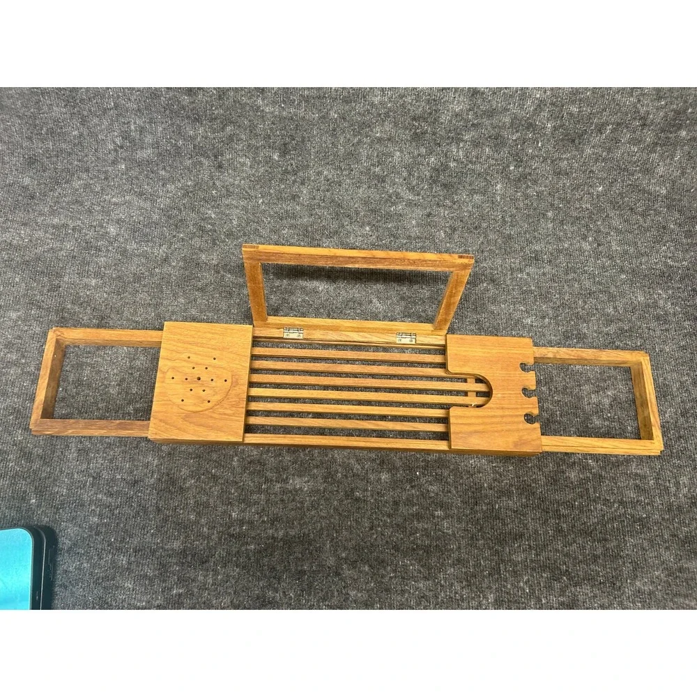 Teak Wood Expandable Bathtub Caddy Tray with Book Stand and Wine Glass Holder